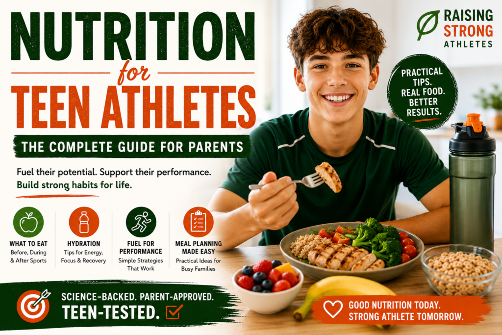 Teen athlete eating a balanced meal with chicken, rice, vegetables, fruit, and a water bottle — nutrition guide for parents by Raising Strong Athletes