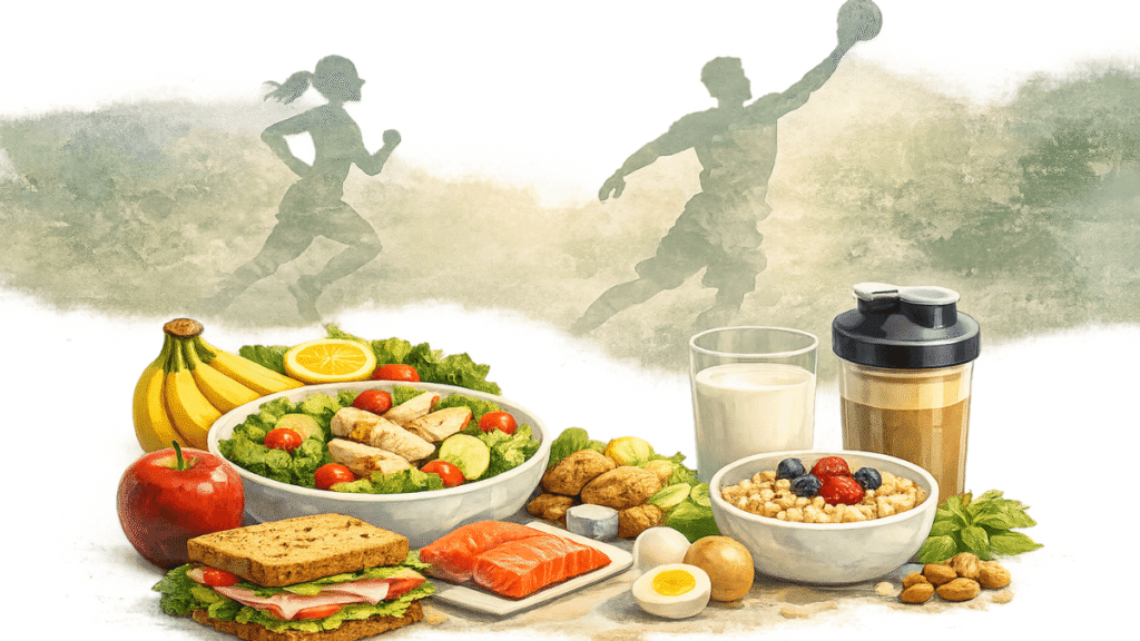 Healthy foods and sports nutrition essentials for teen athletes including fruit, vegetables, protein, and whole grains