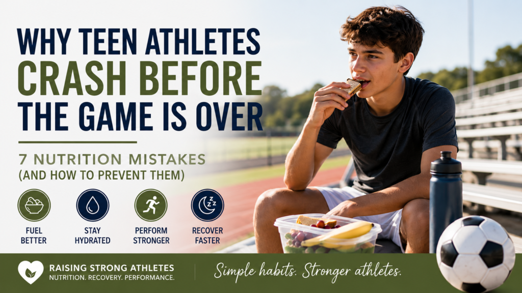 Teen athlete eating a snack on the bleachers, why young athletes crash during games and how to prevent it