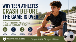 Teen athlete eating a snack on the bleachers, why young athletes crash during games and how to prevent it
