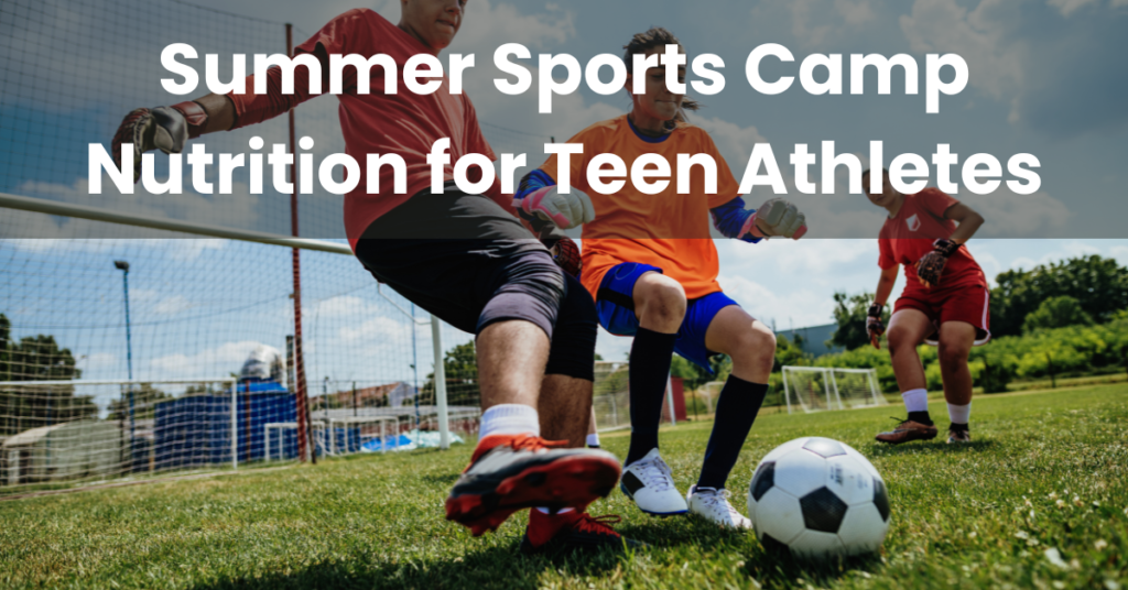 Teen athletes playing soccer at summer sports camp in the heat